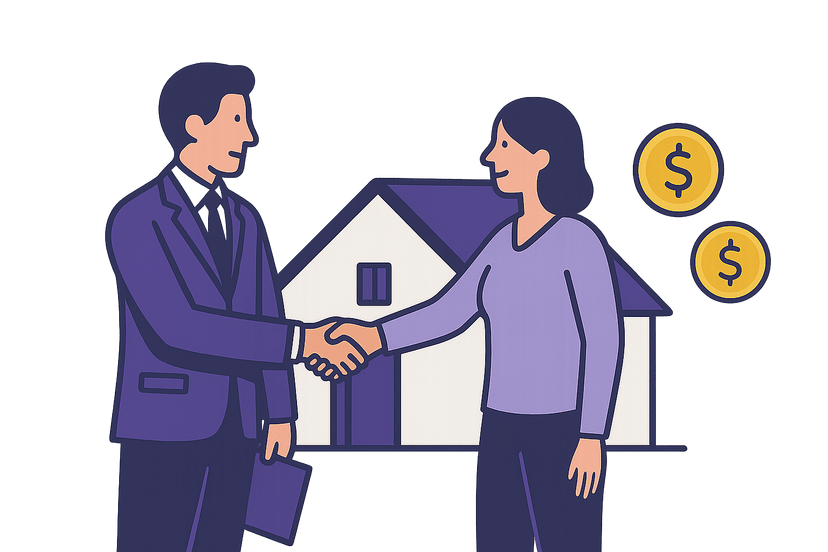 Real estate agents shaking hands in front of a house